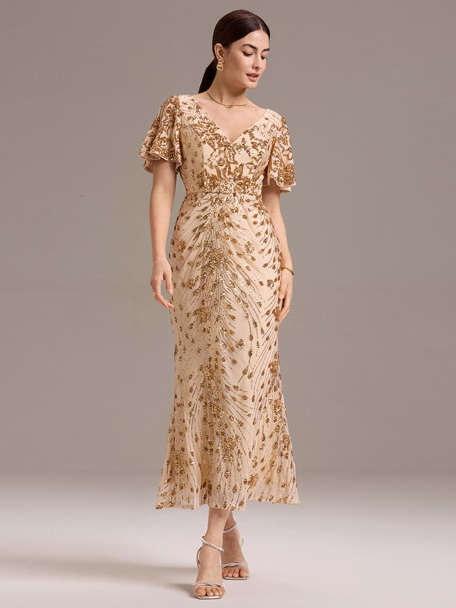 Floral Sequin  Ruffled Sleeve Mermaid Formal Dresses #color_Gold