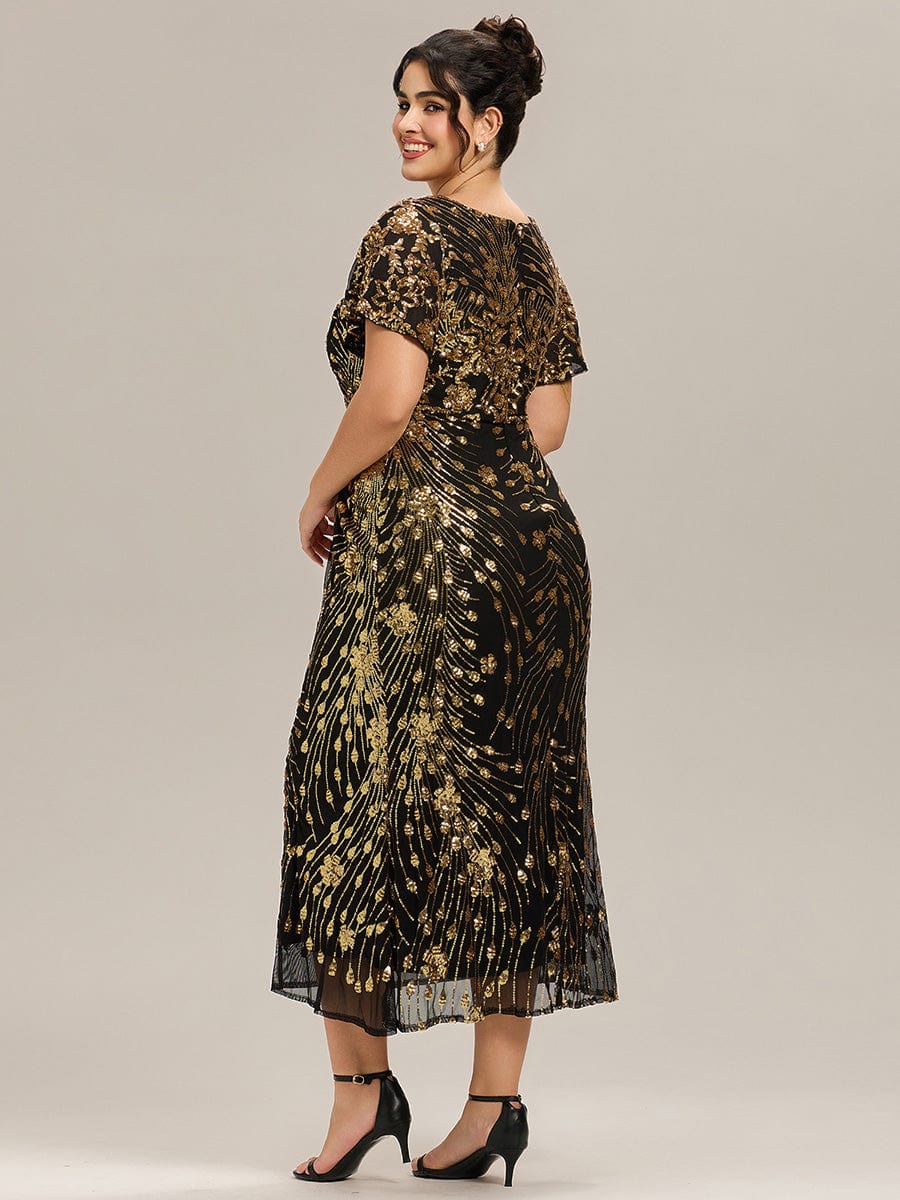Floral Sequin  Ruffled Sleeve Mermaid Formal Dresses #color_Black & Gold