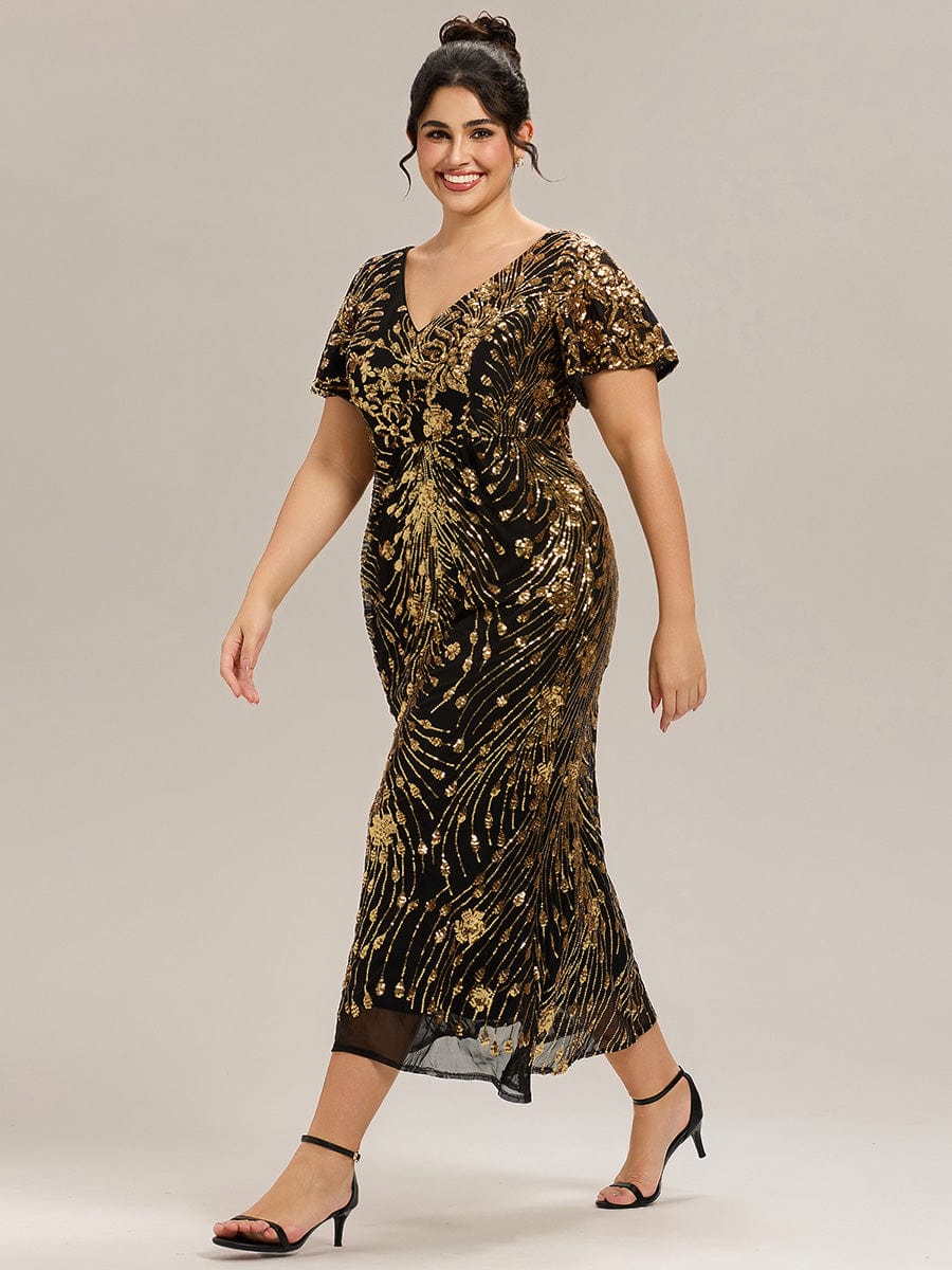 Floral Sequin  Ruffled Sleeve Mermaid Formal Dresses #color_Black & Gold