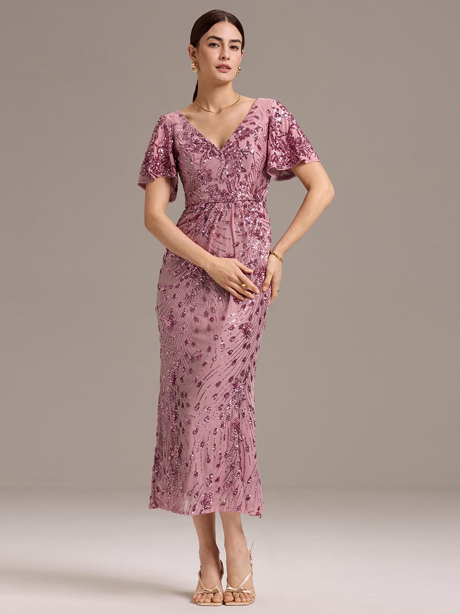 Floral Sequin  Ruffled Sleeve Mermaid Formal Dresses #color_Purple Orchid