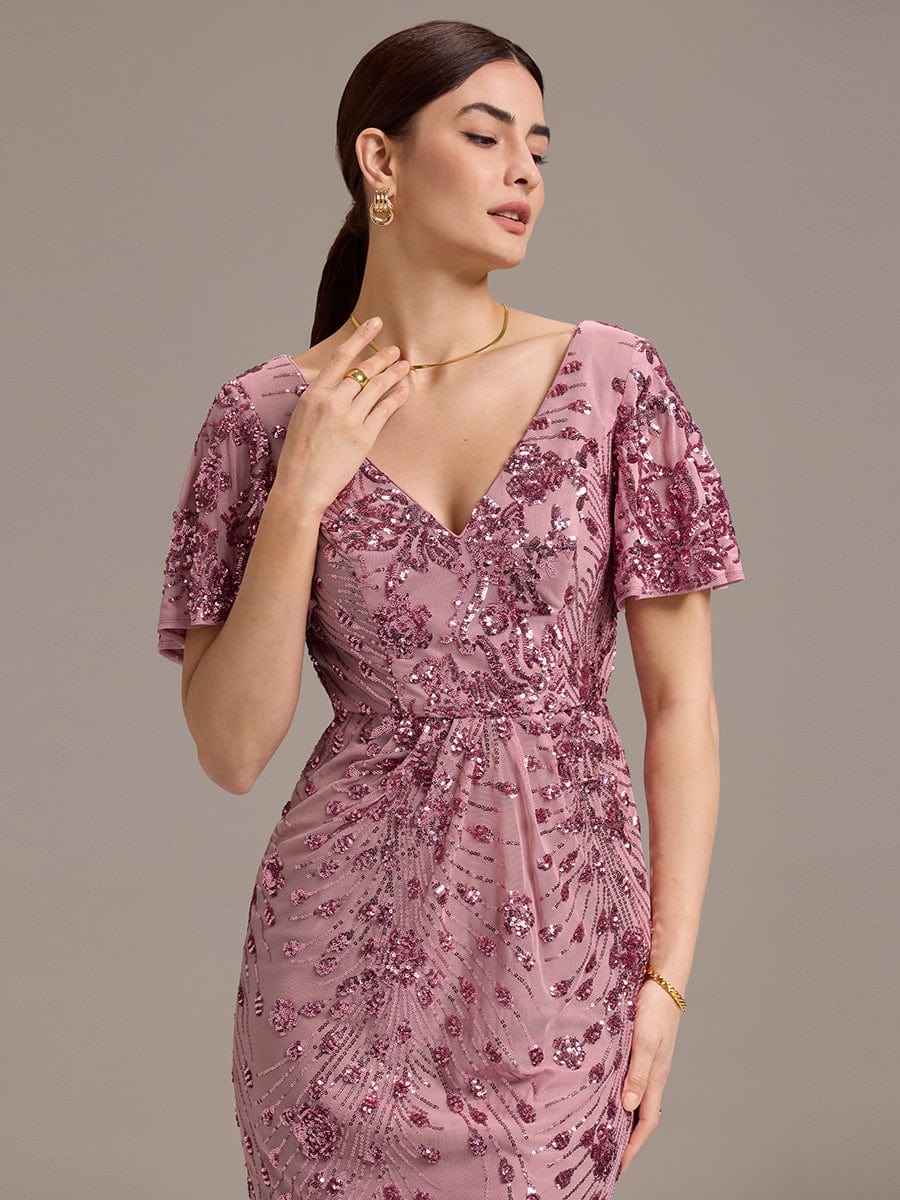 Floral Sequin  Ruffled Sleeve Mermaid Formal Dresses #color_Purple Orchid