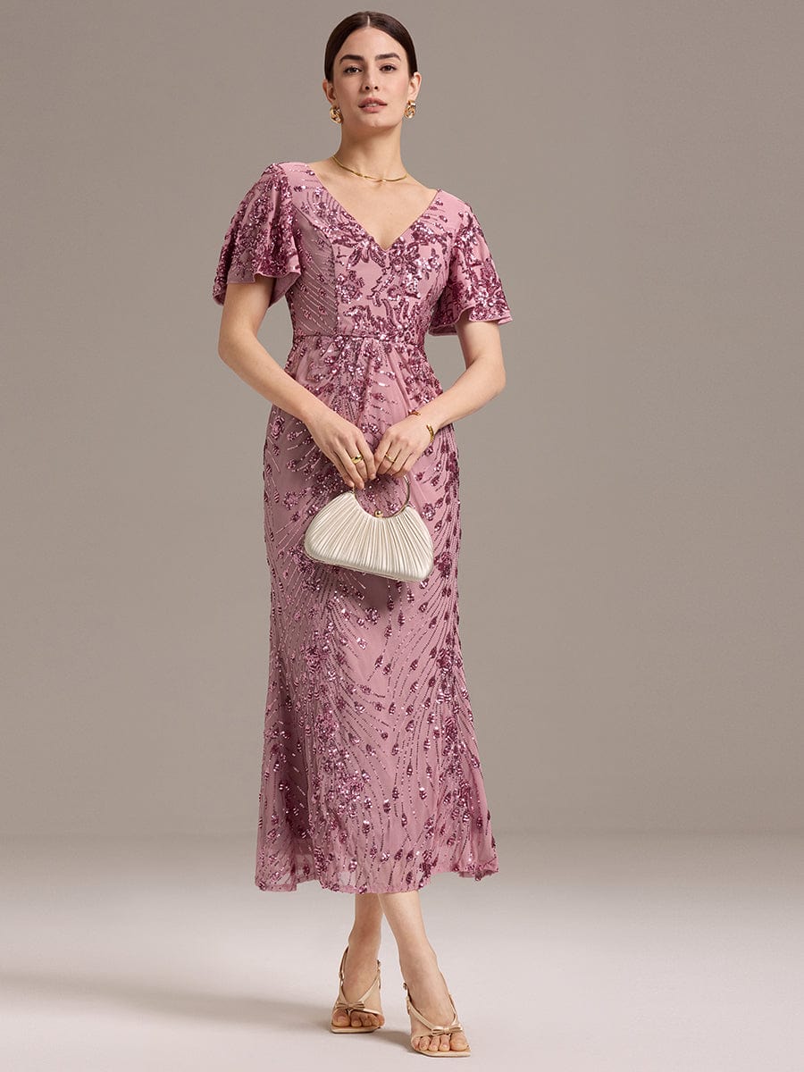 Floral Sequin  Ruffled Sleeve Mermaid Formal Dresses #color_Purple Orchid
