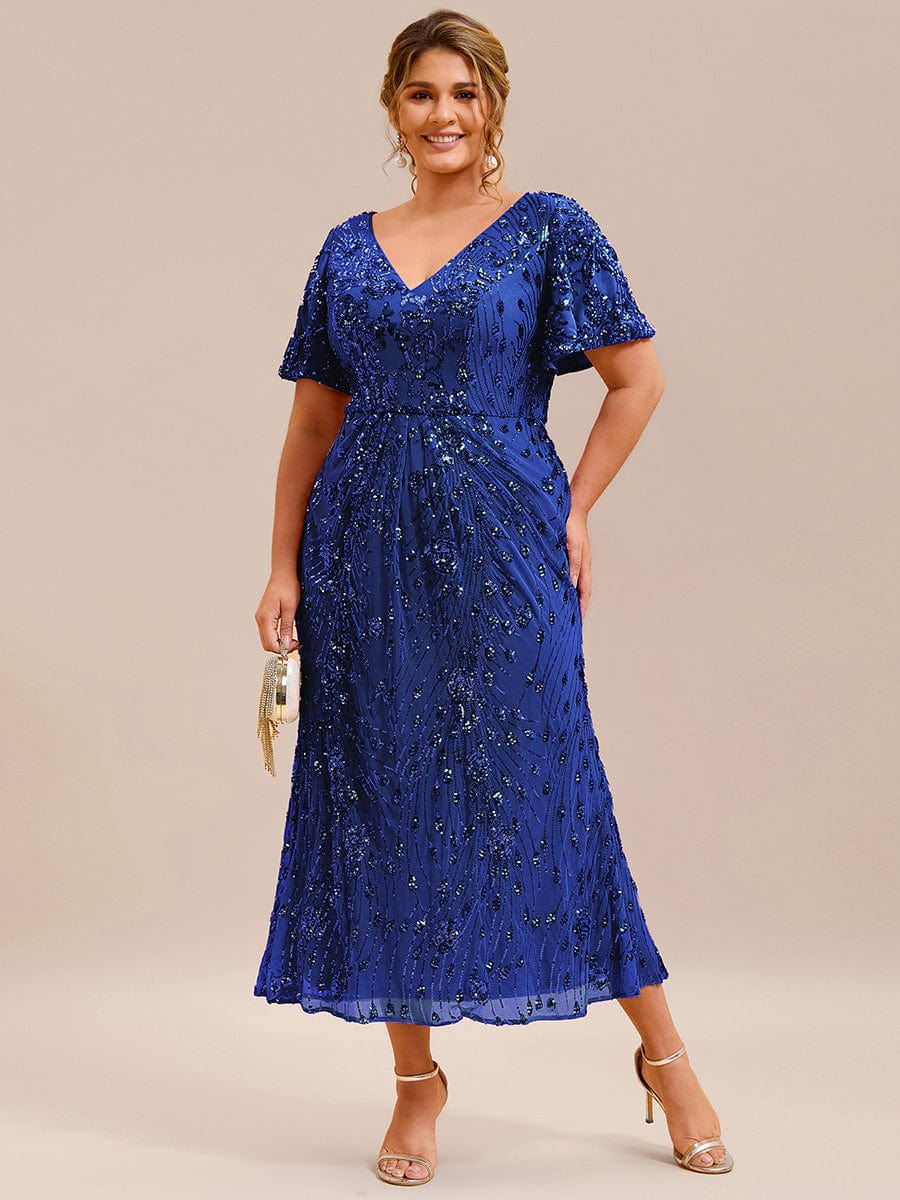 Floral Sequin  Ruffled Sleeve Mermaid Formal Dresses #color_Sapphire Blue