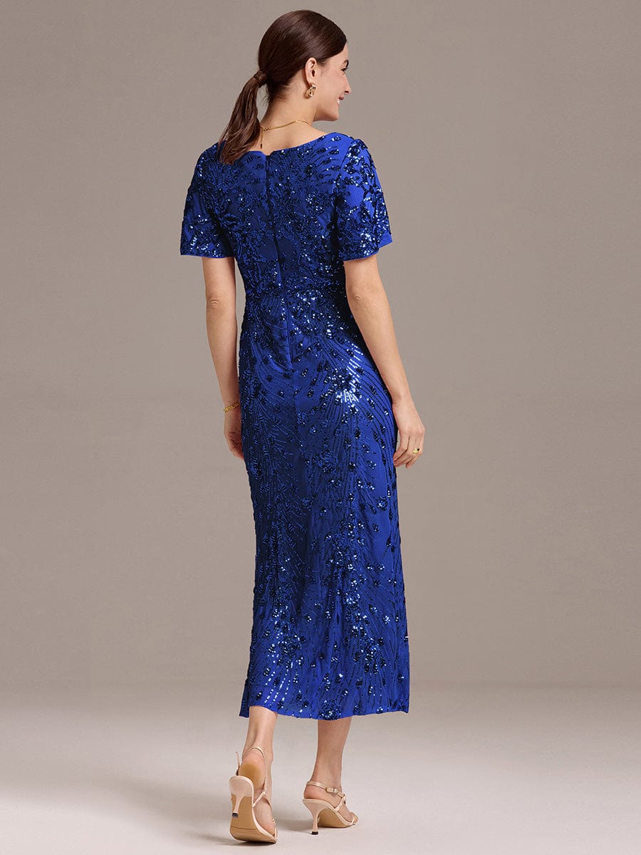 Floral Sequin  Ruffled Sleeve Mermaid Formal Dresses #color_Sapphire Blue