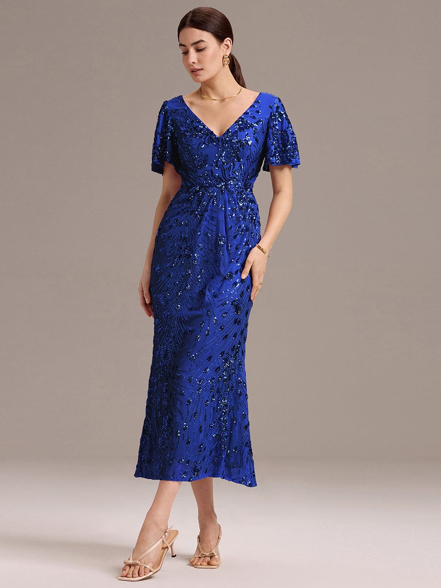Floral Sequin  Ruffled Sleeve Mermaid Formal Dresses #color_Sapphire Blue