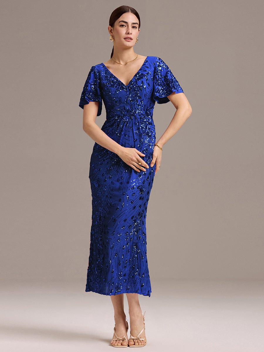 Floral Sequin  Ruffled Sleeve Mermaid Formal Dresses #color_Sapphire Blue
