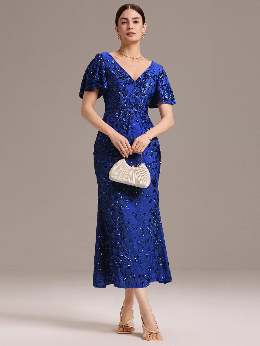 Floral Sequin  Ruffled Sleeve Mermaid Formal Dresses #color_Sapphire Blue