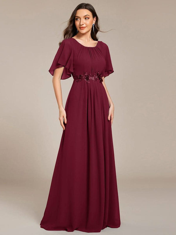 ever ASPYN|Short Sleeve Pleated Applique A-Line Floor-Length Formal Evening Dress