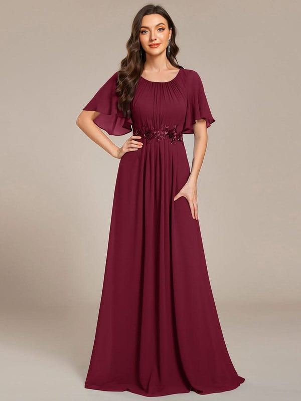 ever ASPYN|Short Sleeve Pleated Applique A-Line Floor-Length Formal Evening Dress