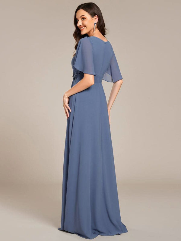 ever ASPYN|Short Sleeve Pleated Applique A-Line Floor-Length Formal Evening Dress