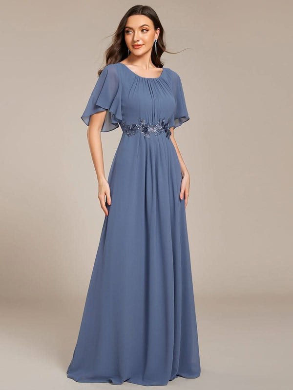 ever ASPYN|Short Sleeve Pleated Applique A-Line Floor-Length Formal Evening Dress