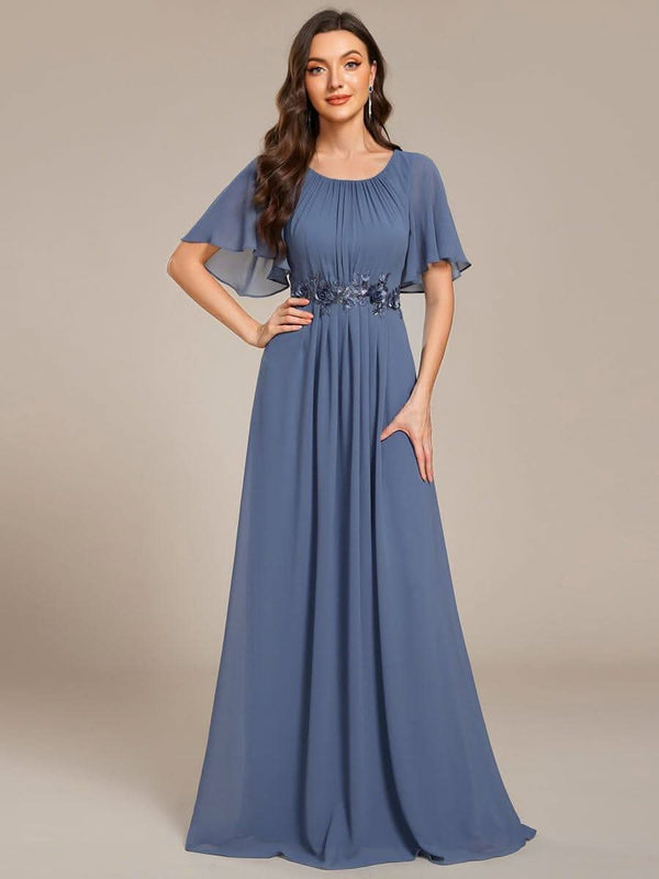 ever ASPYN|Short Sleeve Pleated Applique A-Line Floor-Length Formal Evening Dress