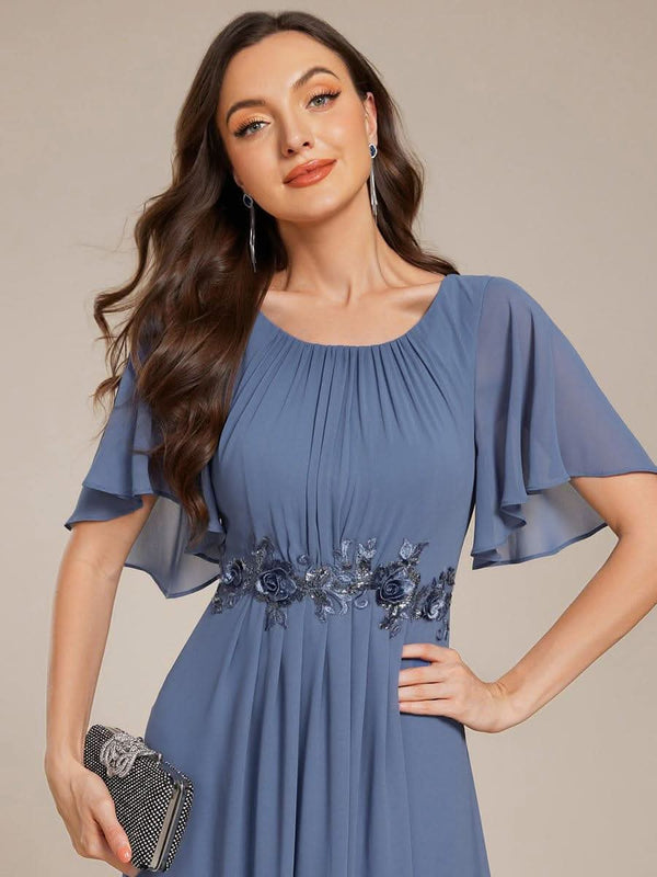 ever ASPYN|Short Sleeve Pleated Applique A-Line Floor-Length Formal Evening Dress