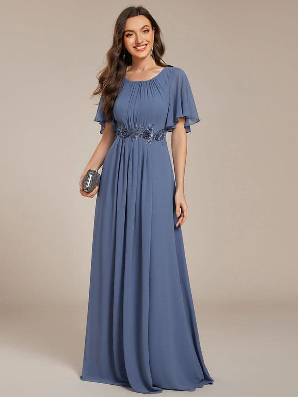 ever ASPYN|Short Sleeve Pleated Applique A-Line Floor-Length Formal Evening Dress
