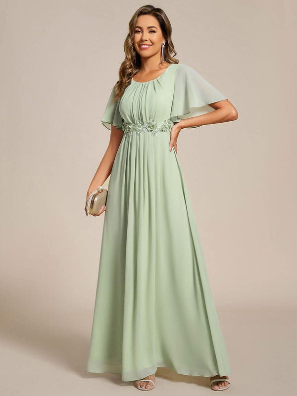 ever ASPYN|Short Sleeve Pleated Applique A-Line Floor-Length Formal Evening Dress