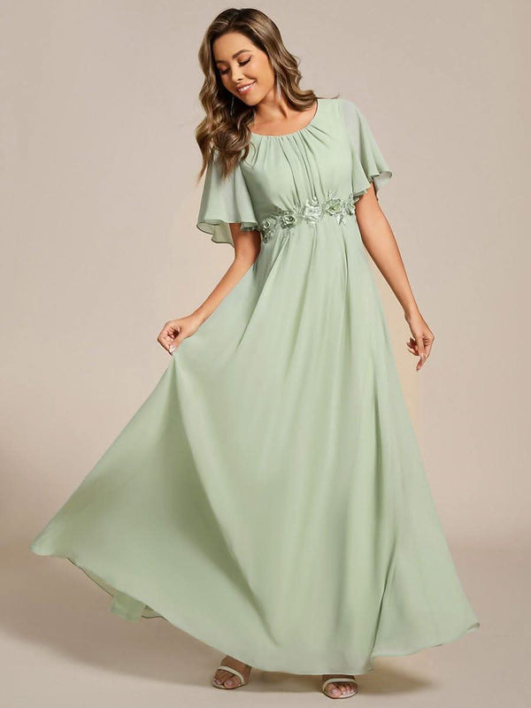 ever ASPYN|Short Sleeve Pleated Applique A-Line Floor-Length Formal Evening Dress