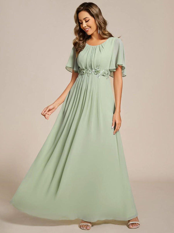 ever ASPYN|Short Sleeve Pleated Applique A-Line Floor-Length Formal Evening Dress