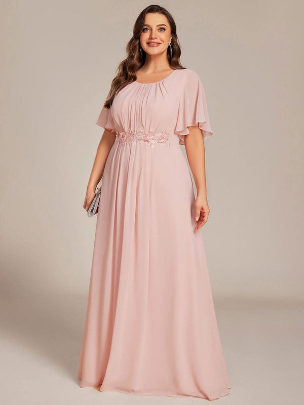 ever ASPYN|Short Sleeve Pleated Applique A-Line Floor-Length Formal Evening Dress