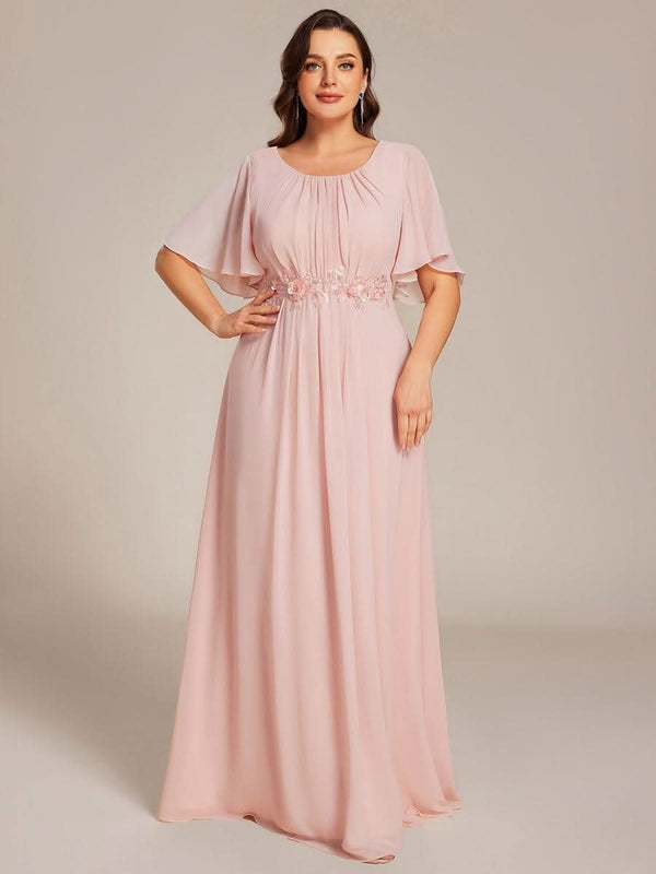 ever ASPYN|Short Sleeve Pleated Applique A-Line Floor-Length Formal Evening Dress