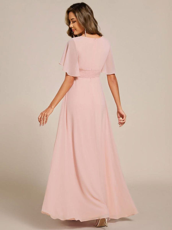 ever ASPYN|Short Sleeve Pleated Applique A-Line Floor-Length Formal Evening Dress