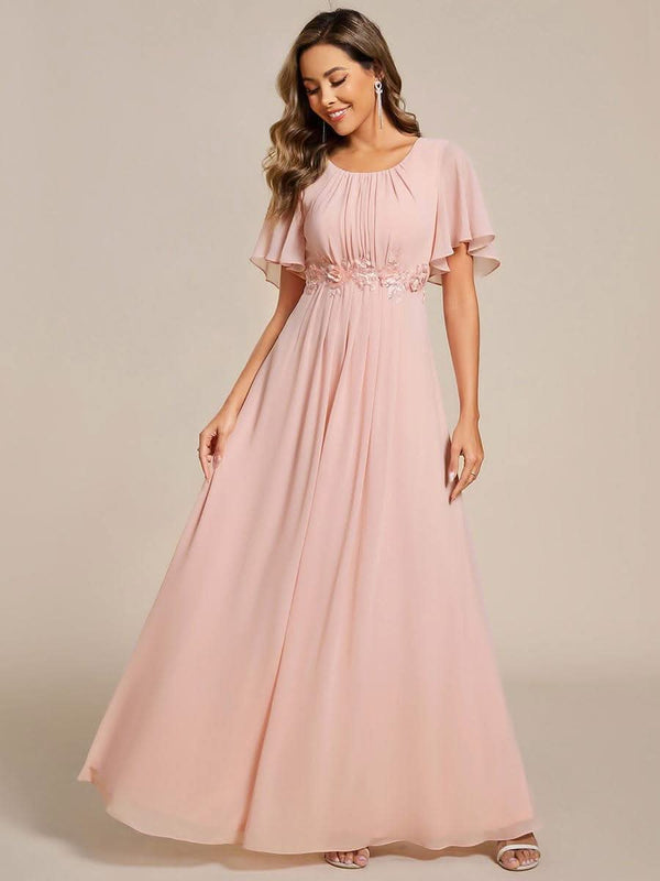 ever ASPYN|Short Sleeve Pleated Applique A-Line Floor-Length Formal Evening Dress