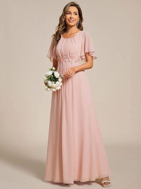 ever ASPYN|Short Sleeve Pleated Applique A-Line Floor-Length Formal Evening Dress