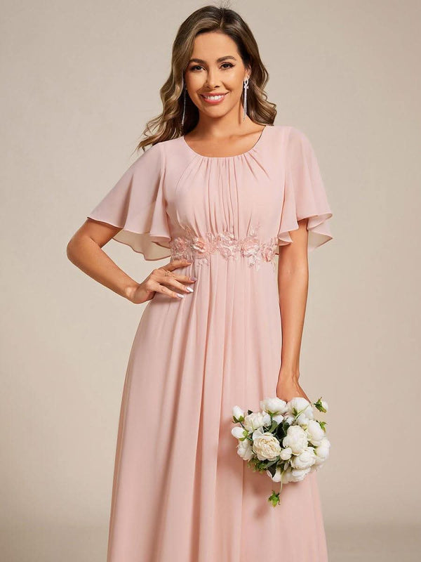 ever ASPYN|Short Sleeve Pleated Applique A-Line Floor-Length Formal Evening Dress