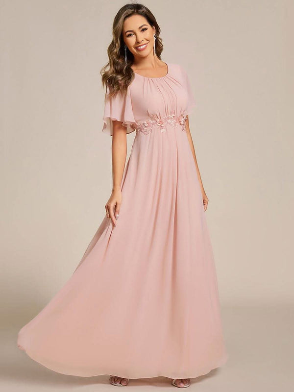 ever ASPYN|Short Sleeve Pleated Applique A-Line Floor-Length Formal Evening Dress