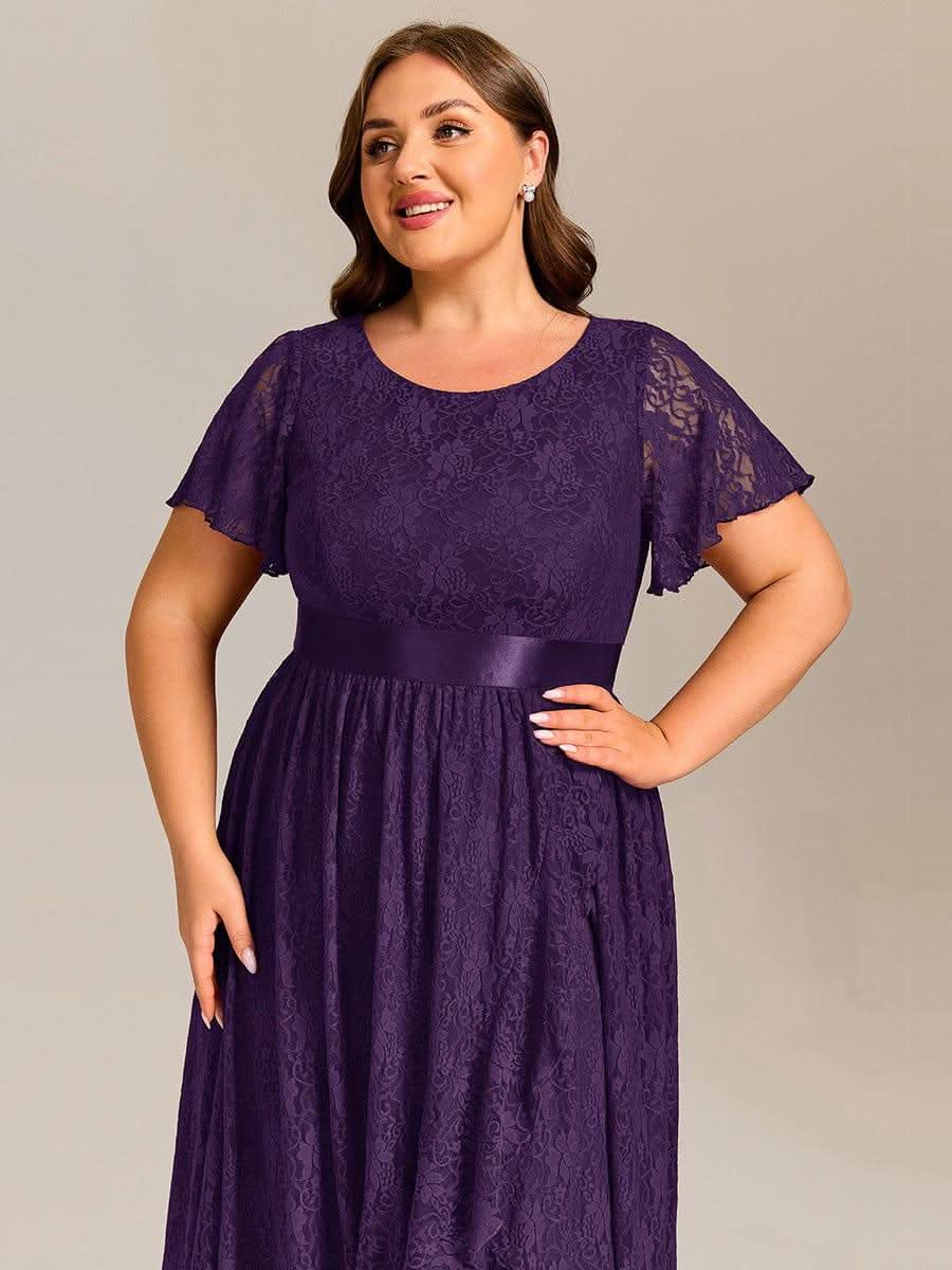 Plus Size Lace Short Sleeve Round Neckline Midi Formal Dress #color_Dark Purple
