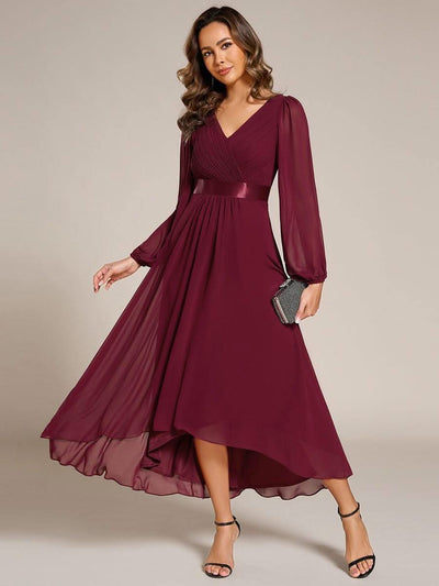 ever KEYLA|Long Sleeve A Line Chiffon Pleated Asymmetrical Hem Formal Dress