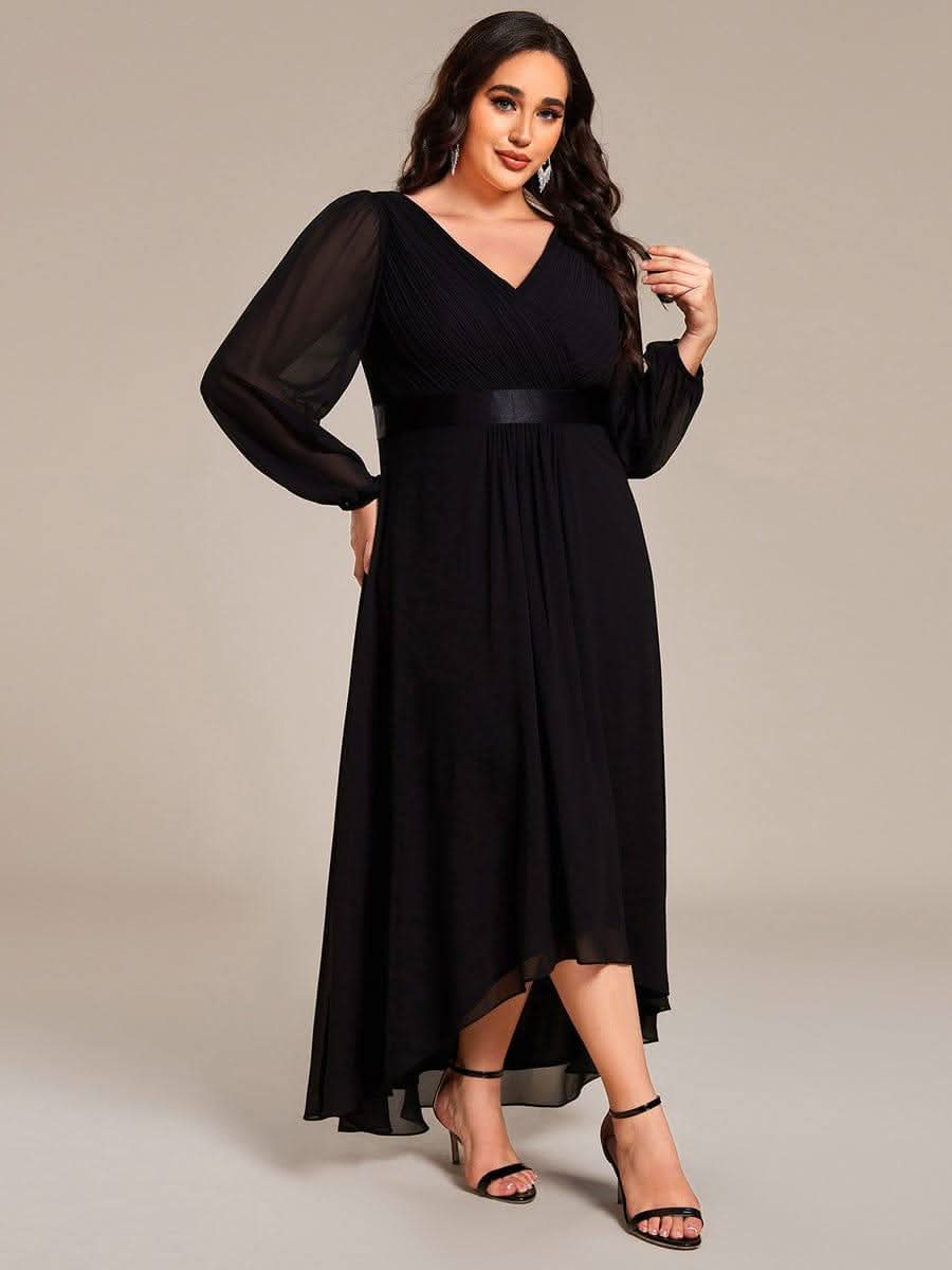 Long Sleeve A Line Chiffon Pleated Asymmetrical Hem Formal Dress #color_Black
