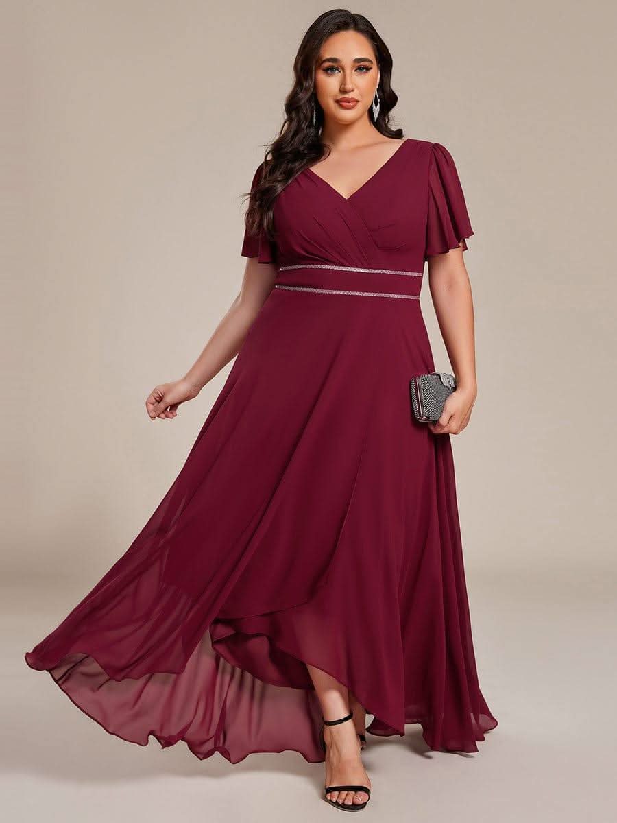 Plus Size V-Neck Rhinestone Waist Chiffon Maxi Formal Evening Dress #color_Burgundy