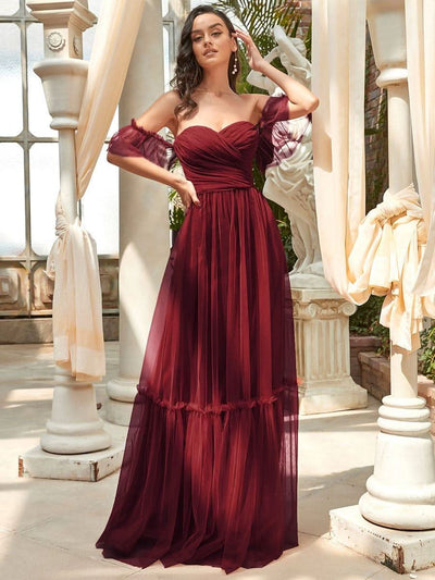 ever LUCIE|Off-Shoulder Sweetheart Double Layer Pleated Bridesmaid Dress