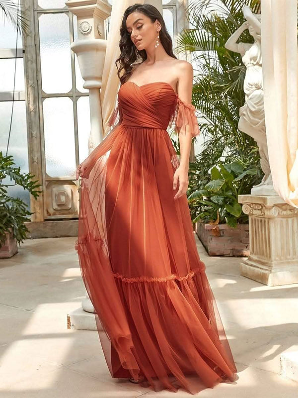 ever LUCIE|Off-Shoulder Sweetheart Double Layer Pleated Bridesmaid Dress