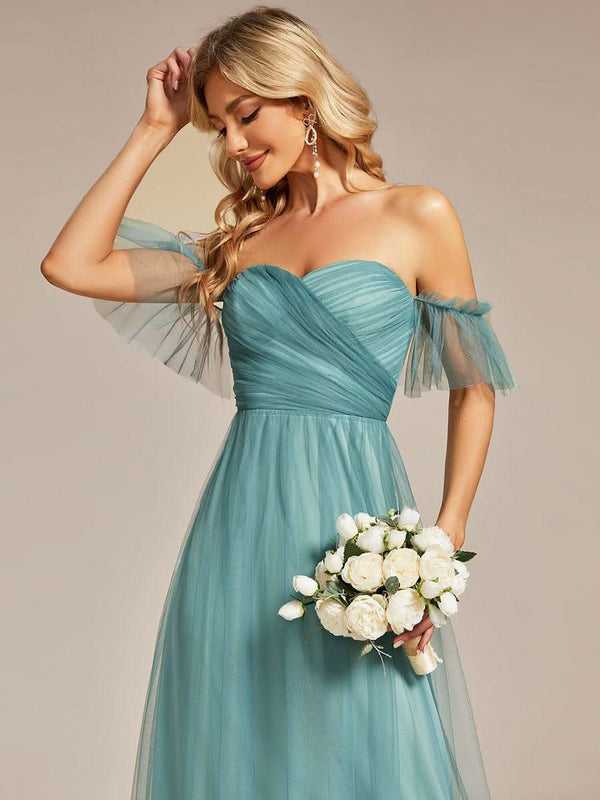 ever LUCIE|Off-Shoulder Sweetheart Double Layer Pleated Bridesmaid Dress