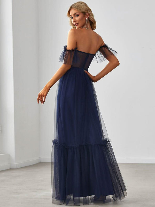 ever LUCIE|Off-Shoulder Sweetheart Double Layer Pleated Bridesmaid Dress