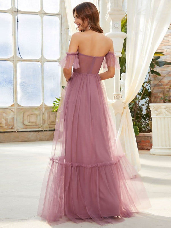 ever LUCIE|Off-Shoulder Sweetheart Double Layer Pleated Bridesmaid Dress