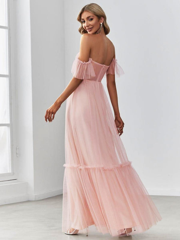 ever LUCIE|Off-Shoulder Sweetheart Double Layer Pleated Bridesmaid Dress