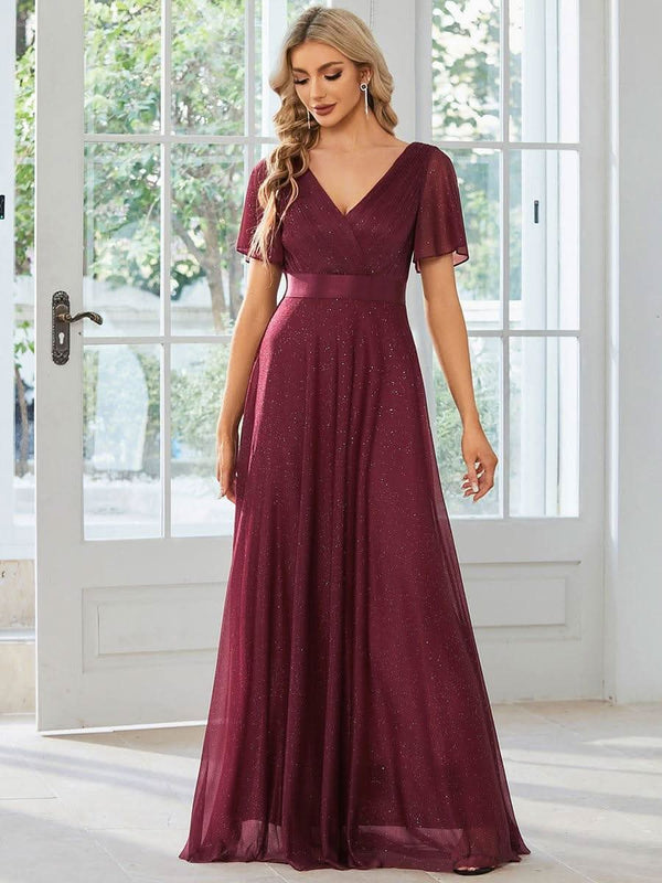 ever LIOR¨¦|Sparkling Short Sleeve V-Neck Ribbon Waist A-Line Bridesmaid Dress