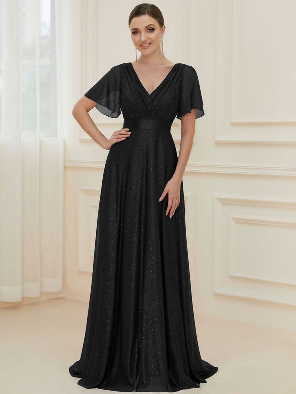 ever LIOR¨¦|Sparkling Short Sleeve V-Neck Ribbon Waist A-Line Bridesmaid Dress