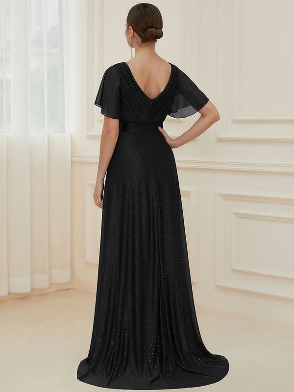 ever LIOR¨¦|Sparkling Short Sleeve V-Neck Ribbon Waist A-Line Bridesmaid Dress