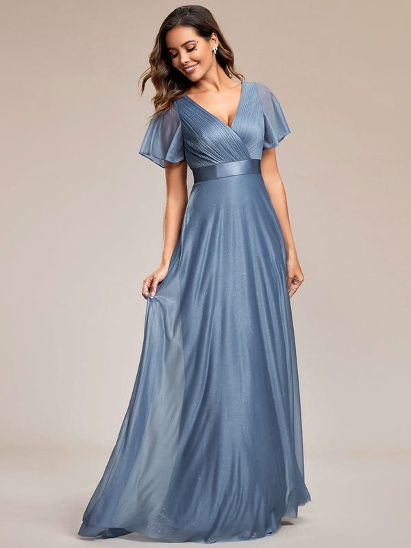ever LIOR¨¦|Sparkling Short Sleeve V-Neck Ribbon Waist A-Line Bridesmaid Dress