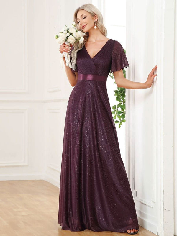 ever LIOR¨¦|Sparkling Short Sleeve V-Neck Ribbon Waist A-Line Bridesmaid Dress