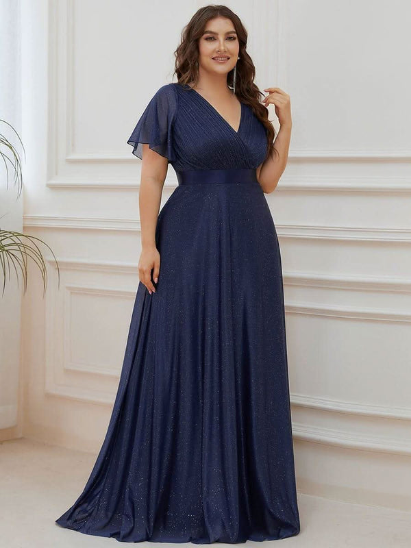 ever LIOR¨¦|Sparkling Short Sleeve V-Neck Ribbon Waist A-Line Bridesmaid Dress