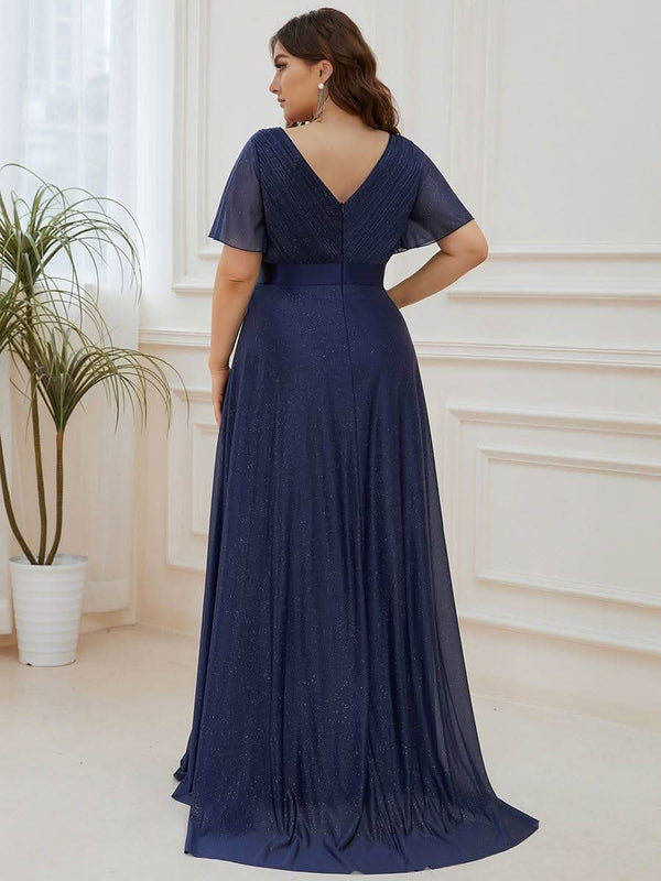 ever LIOR¨¦|Sparkling Short Sleeve V-Neck Ribbon Waist A-Line Bridesmaid Dress