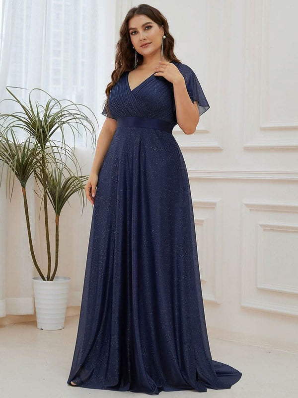 ever LIOR¨¦|Sparkling Short Sleeve V-Neck Ribbon Waist A-Line Bridesmaid Dress