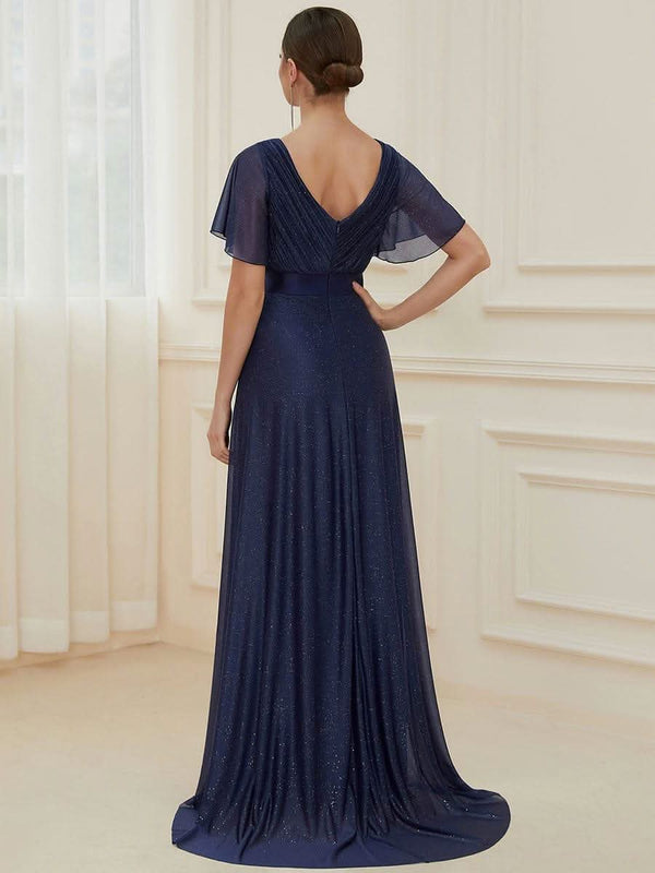 ever LIOR¨¦|Sparkling Short Sleeve V-Neck Ribbon Waist A-Line Bridesmaid Dress