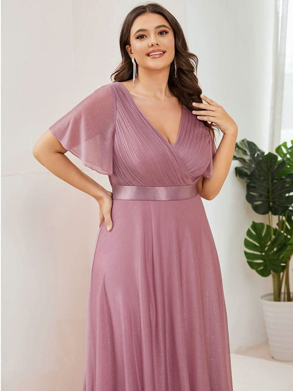 ever LIOR¨¦|Sparkling Short Sleeve V-Neck Ribbon Waist A-Line Bridesmaid Dress