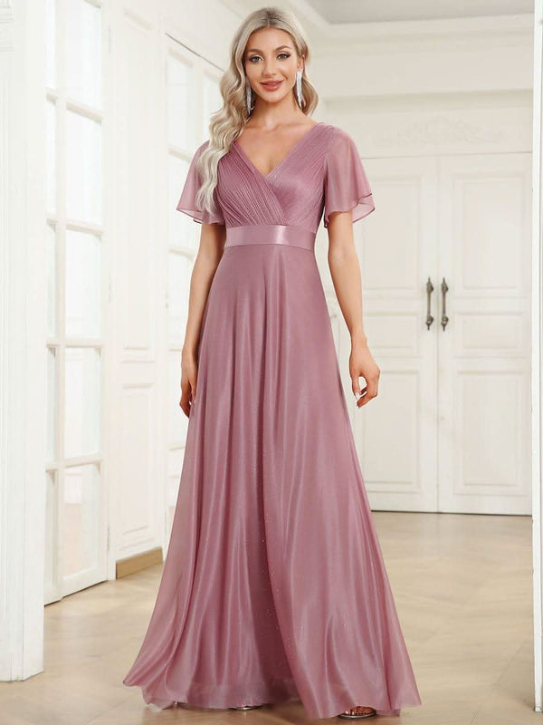 ever LIOR¨¦|Sparkling Short Sleeve V-Neck Ribbon Waist A-Line Bridesmaid Dress