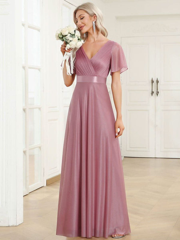 ever LIOR¨¦|Sparkling Short Sleeve V-Neck Ribbon Waist A-Line Bridesmaid Dress